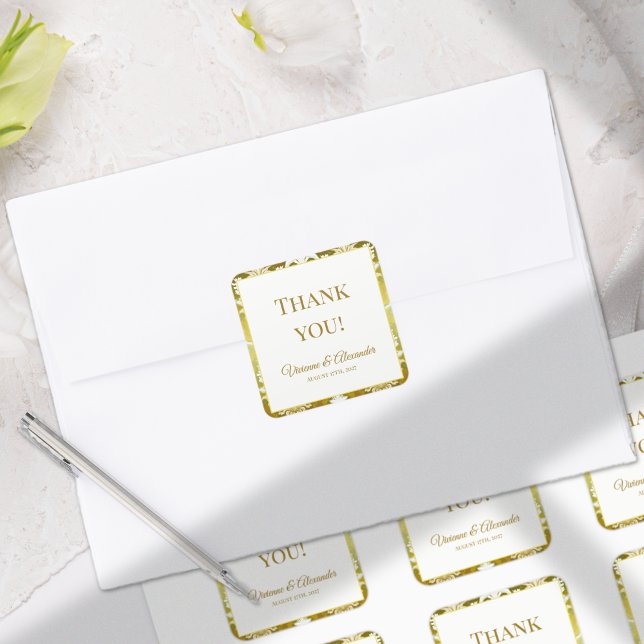 Gold Green Damask Wedding Square Sticker (Creator Uploaded)