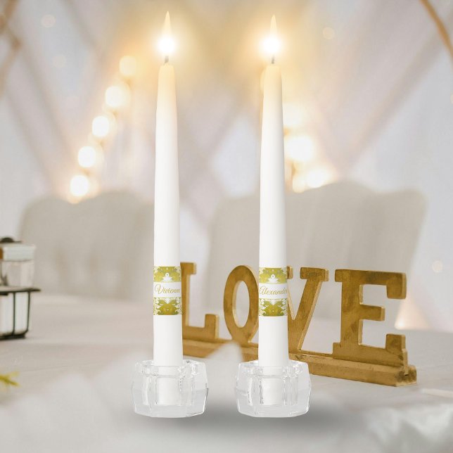 Gold Green Damask Wedding Taper Candle (Creator Uploaded)
