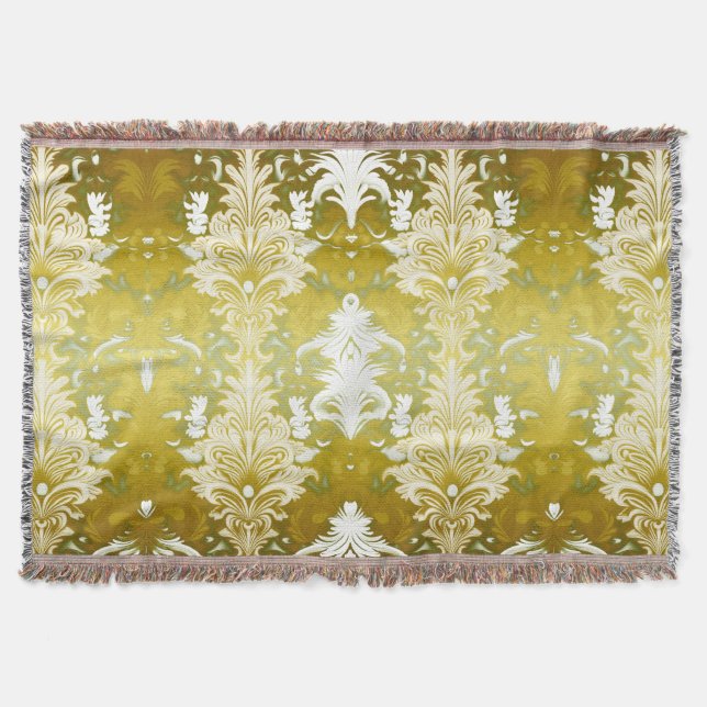 Gold Green Damask Wedding Throw Blanket (Front)