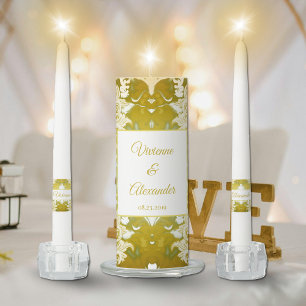 Gold Green Damask Wedding Unity Candle Set