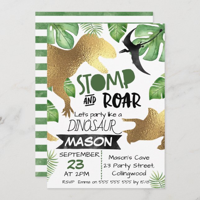 Gold Green Dinosaur Birthday invitation (Front/Back)