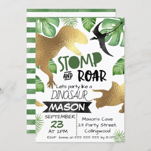 Gold Green Dinosaur Birthday invitation