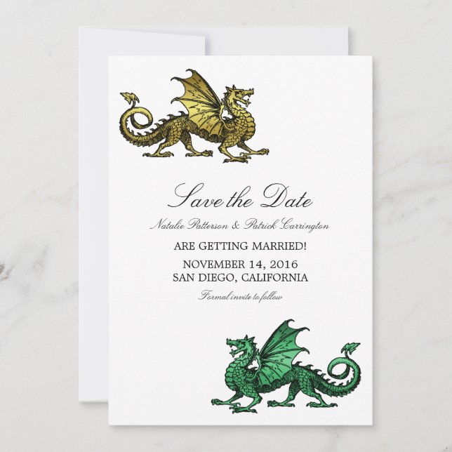 Gold Green Dragon Save the Date Invite (Front)