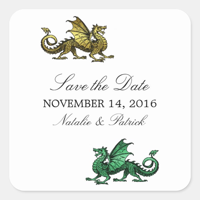 Gold Green Dragon Save the Date Stickers (Front)