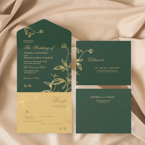 Gold green elegant botanical wedding all in one invitation