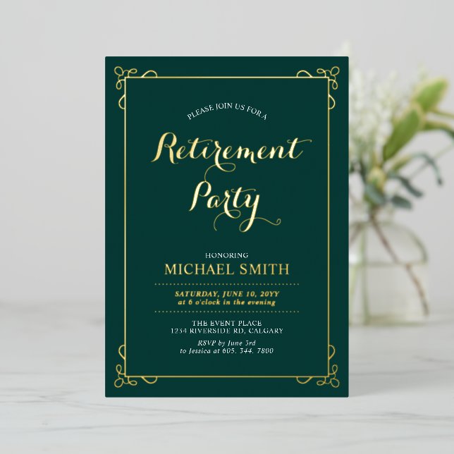 Gold & Green Elegant Classy Retirement Party Foil Invitation (Standing Front)