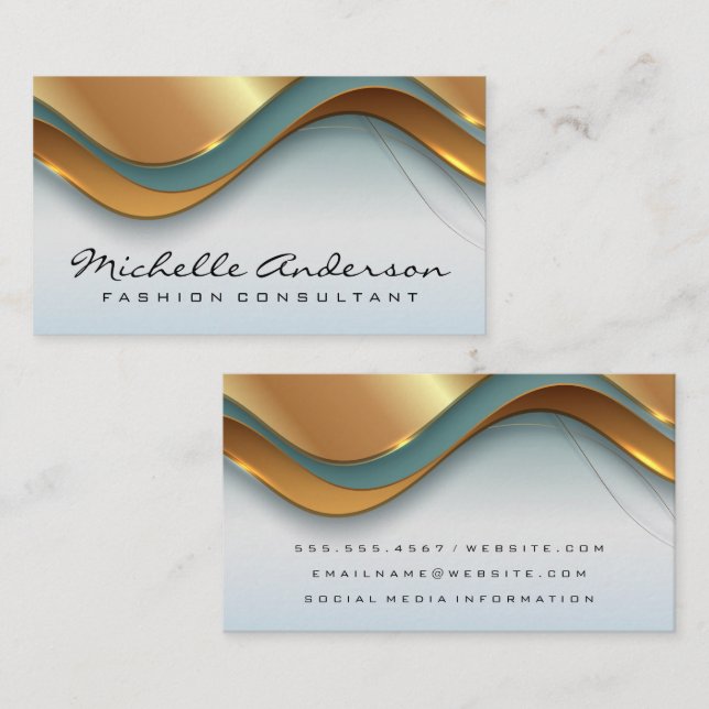 Gold Green Elegant Overlapping Waves Business Card (Front/Back)