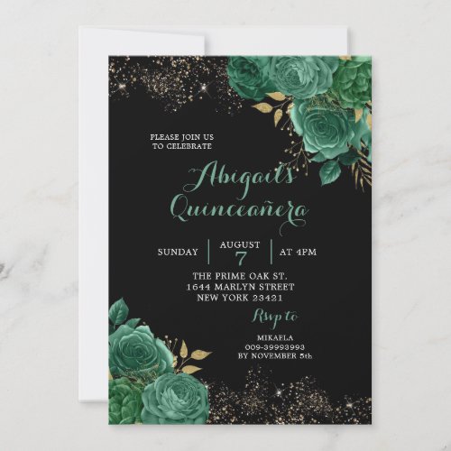 Gold Green Emerald Floral Quinceaera Invitation