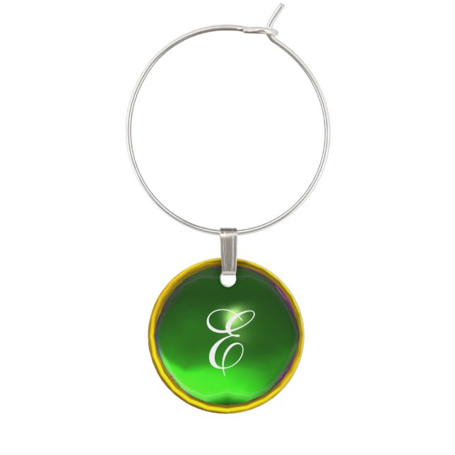 GOLD GREEN EMERALD GEM MONOGRAM WINE GLASS CHARM (Front)