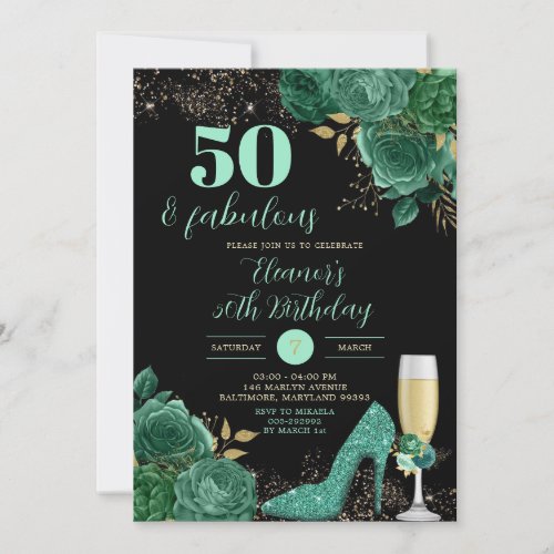 Gold Green Emerald Stiletto Heel Floral Birthday Invitation