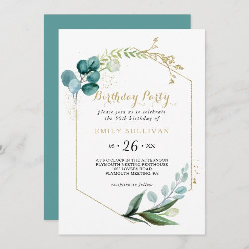 Gold  Green Eucalyptus 50Th Birthday Party Invitation