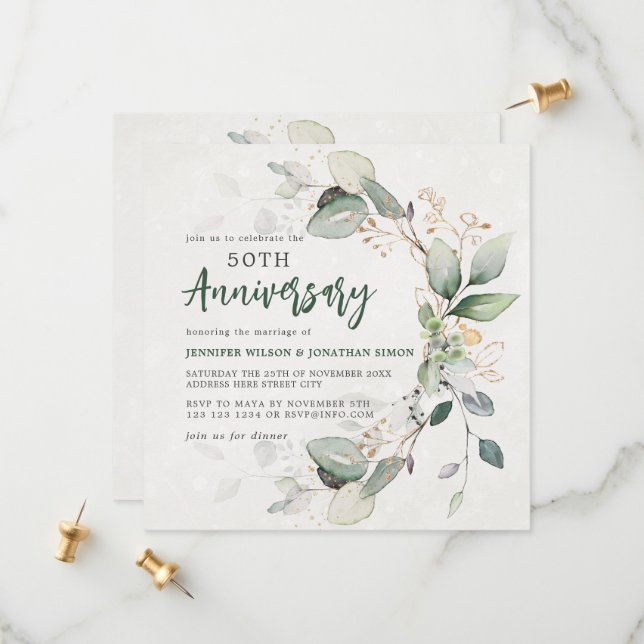 Gold Green Eucalyptus 50th Wedding Anniversary Save The Date (Front/Back In Situ)