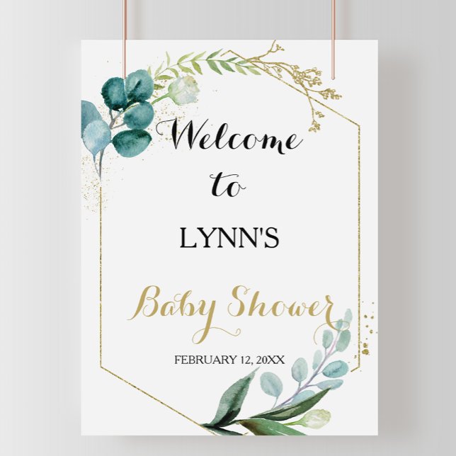 Gold & Green Eucalyptus Baby Shower Welcome Poster (Creator Uploaded)