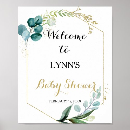 Gold  Green Eucalyptus Baby Shower Welcome Poster