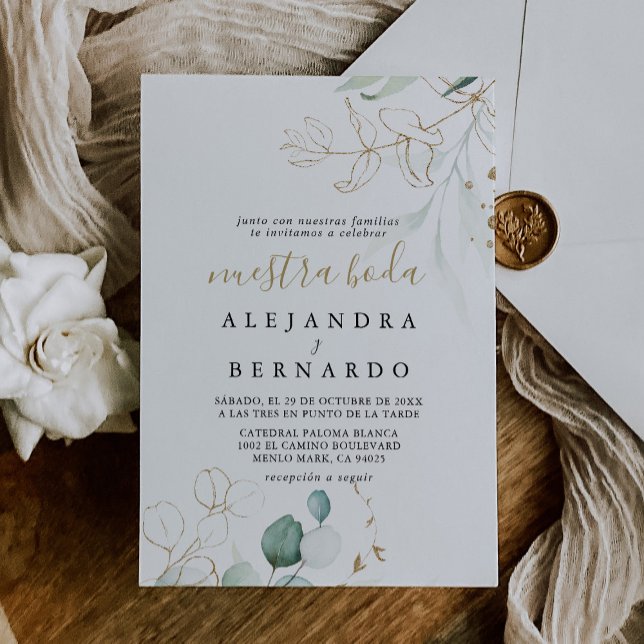 Gold Green Eucalyptus Calligraphy Nuestra Boda  Invitation (Creator Uploaded)