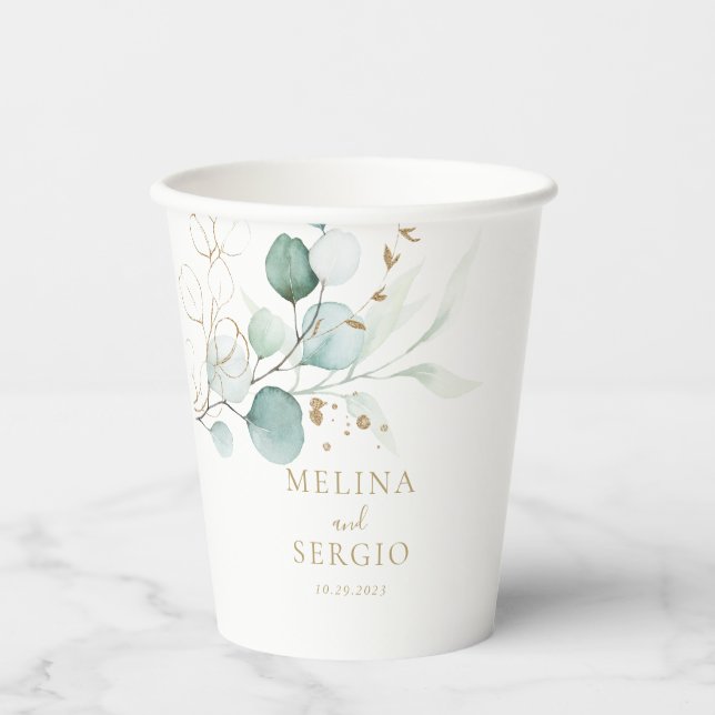 Gold Green Eucalyptus Calligraphy Wedding  Paper Cups (Front)