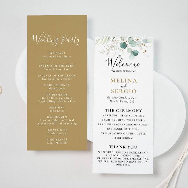 Gold Green Eucalyptus Calligraphy Wedding  Program (Creator Uploaded)