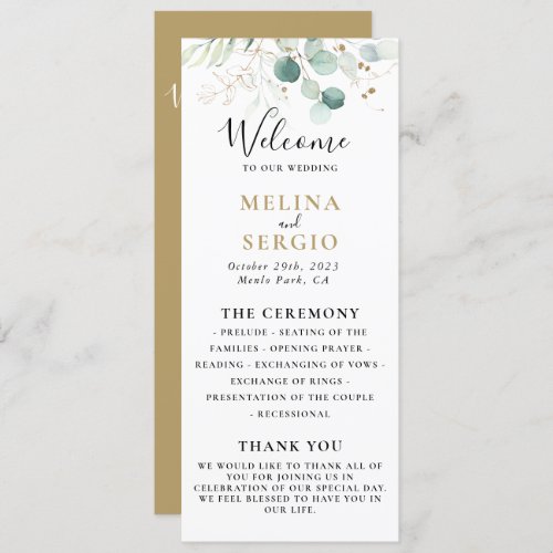 Gold Green Eucalyptus Calligraphy Wedding  Program