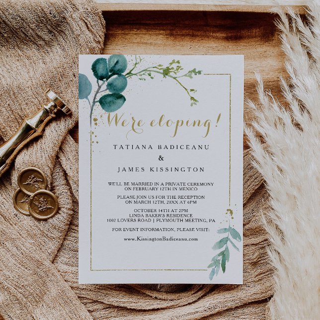 Gold & Green Eucalyptus Elopement Reception Invitation (Creator Uploaded)