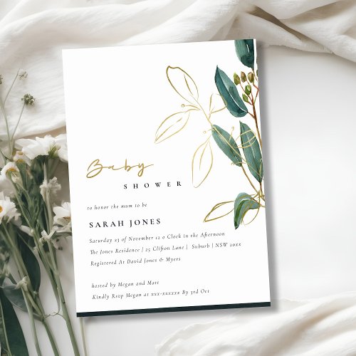 GOLD GREEN EUCALYPTUS FOLIAGE BABY SHOWER INVITE