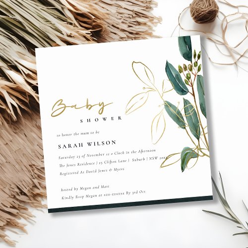 GOLD GREEN EUCALYPTUS FOLIAGE BABY SHOWER INVITE