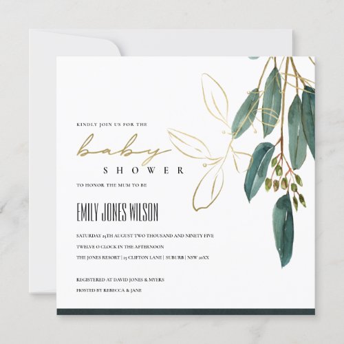 GOLD GREEN EUCALYPTUS FOLIAGE BABY SHOWER INVITE