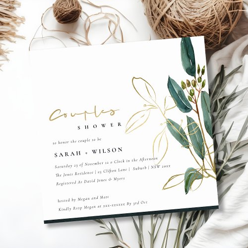 GOLD GREEN EUCALYPTUS FOLIAGE COUPLE SHOWER INVITE