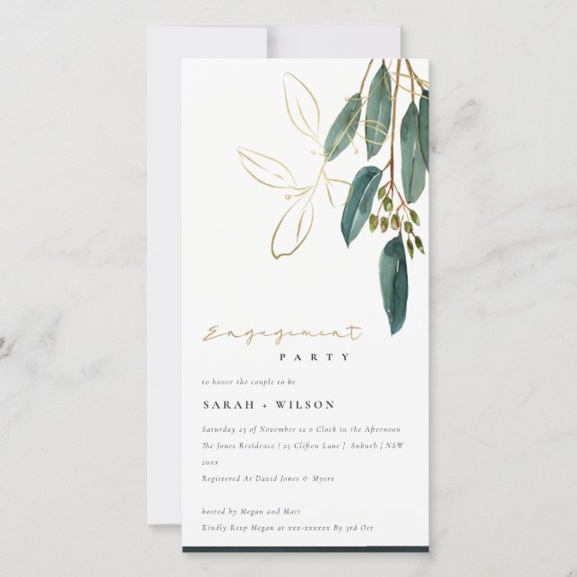 GOLD GREEN EUCALYPTUS FOLIAGE ENGAGEMENT INVITE (Front)