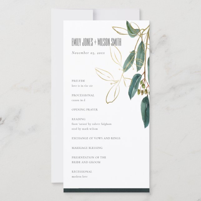 GOLD GREEN EUCALYPTUS FOLIAGE WEDDING PROGRAM CARD (Front)
