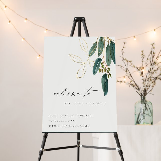 Gold Green Eucalyptus Foliage Wedding Welcome Foam Board (In Situ (Stand))