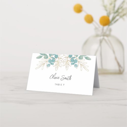Gold Green Eucalyptus Leaf Illustration Wedding Place Card