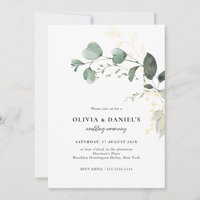 Gold & Green Eucalyptus Minimalist Wedding Invitation (Front)