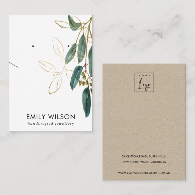 GOLD GREEN EUCALYPTUS NECKLACE EARING DISPLAY  BUS BUSINESS CARD (Front/Back)