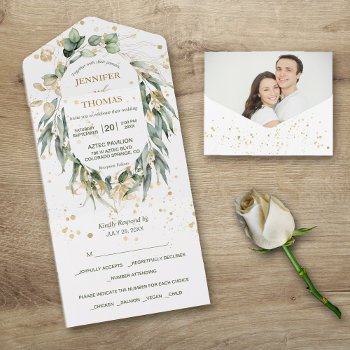 Gold Green Eucalyptus Photo Wedding All In One Invitation by AvenueCentral at Zazzle