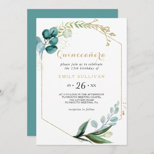 Gold  Green Eucalyptus Quinceaera Birthday Party Invitation