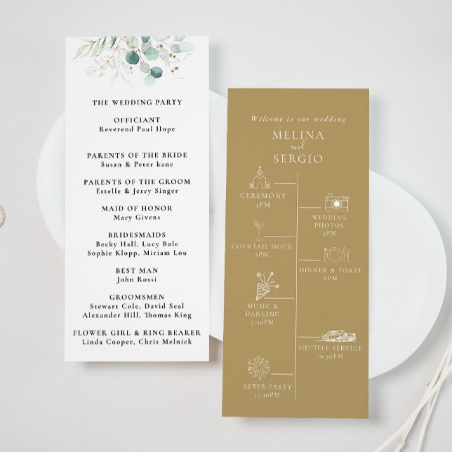 Gold Green Eucalyptus Timeline Wedding Program (Creator Uploaded)
