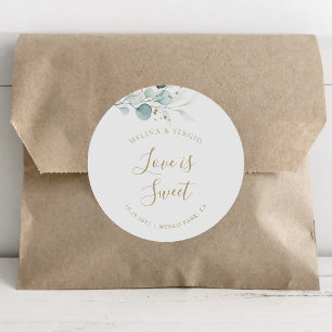 Gold Green Eucalyptus Wedding Love is Sweet   Classic Round Sticker