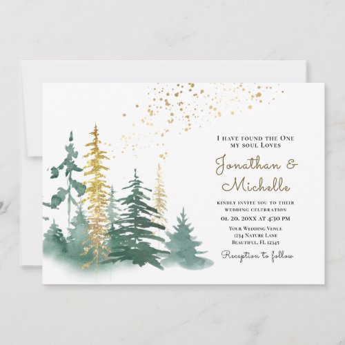 Gold Green Evergreen Pine Trees Christian Wedding Invitation