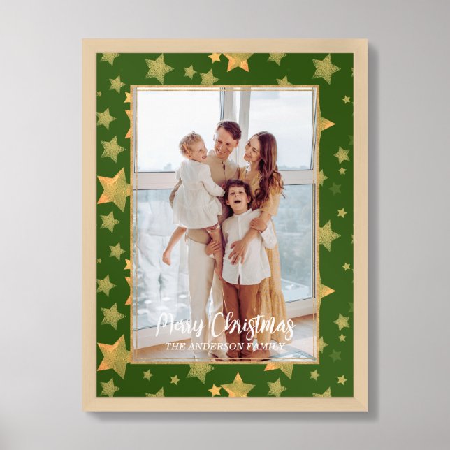 Gold Green Family Photo Merry Christmas Poster (Framed Front)