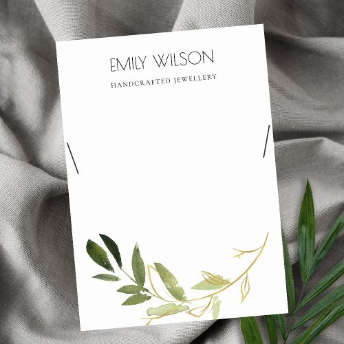 GOLD GREEN FAUNA WATERCOLOR NECKLACE DISPLAY LOGO BUSINESS CARD