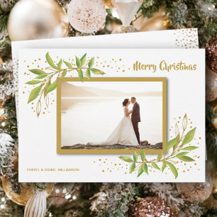 Gold Green Floral Christmas Photo Holiday Card
