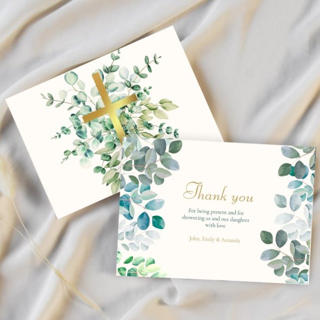 Gold Green Floral Rustic Baptism Thank You Card (Creator Uploaded)