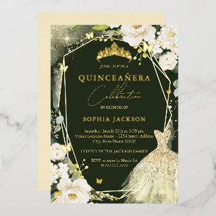 Gold Green Floral Tiara Dress quinceanera  Foil Invitation