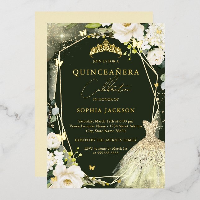 Gold Green Floral Tiara Dress quinceanera  Foil Invitation (Front/Back)