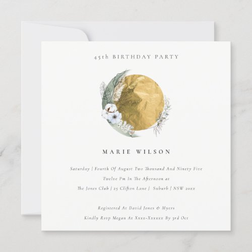Gold Green Floral Wreath Any Age Birthday Invite