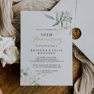 Gold Green Foliage 50th Wedding Anniversary  Invitation