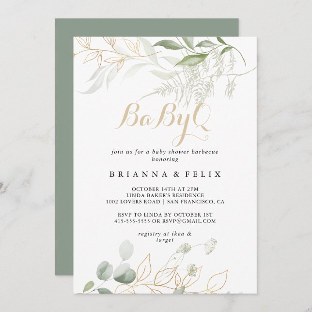 Gold Green Foliage BabyQ Baby Shower Barbecue Invitation (Front/Back)