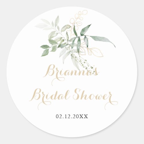 Gold Green Foliage Bridal Shower Favor  Classic Round Sticker