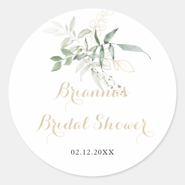 Gold Green Foliage Bridal Shower Favor  Classic Round Sticker (Front)