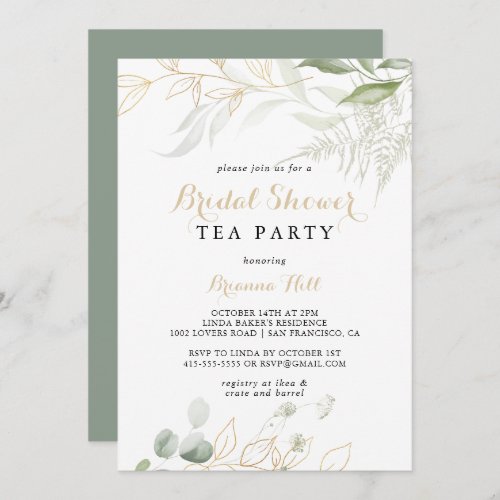 Gold Green Foliage Bridal Shower Tea Party  Invitation